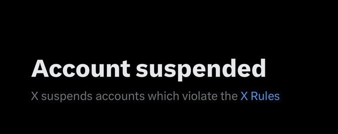 The image features a banner with black text that reads "Account suspended" followed by a list of X suspenders which violate the X Rules. The text is written in white, making it stand out against the black background.