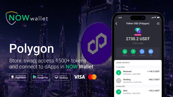 The image features a smartphone displaying an app from the creator of "NOW WALLET". The phone screen displays information about an app called "Polygon" which allows users to store, send and receive tokens, access apps, and connect to various digital wallets like Bitcoin Cash. Additionally, it offers methods for storing or transferring these tokens in different digital wallet platforms such as Bitcoin Cash. In the image, there is also a small amount of text that reads "@0xPolygon keeps building the rails for what comes next: fast, accessible, and ready to scale". This information indicates that Polygon is focusing on making things faster, more accessible, and ready to scale in order to make their app work efficiently.