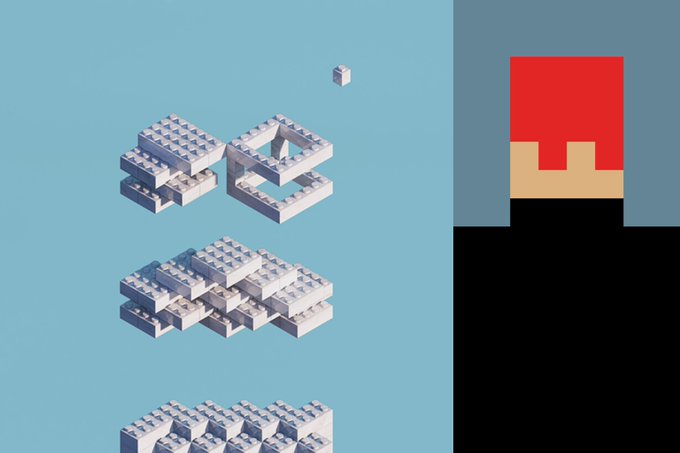 Isometric digital illustration showing stacks of gray LEGO-like bricks against a light blue background with a red and tan structure on the right.