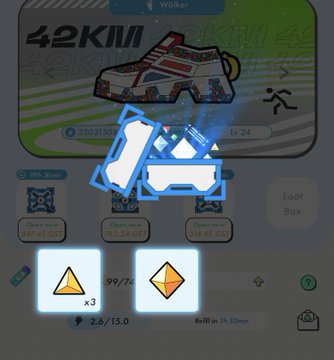 Mobile fitness app screenshot showing '42KM' running stats with a glowing blue sneaker icon, displaying refill, open, and loot box timers.