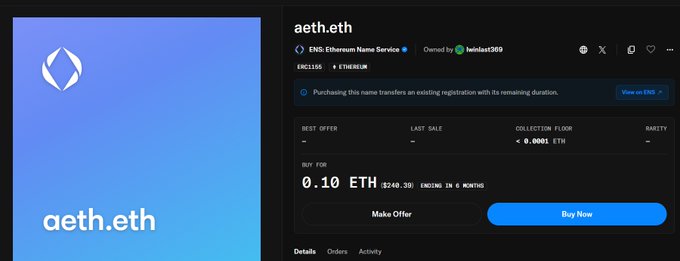 ENS domain marketplace listing for "aeth.eth" on Ethereum, priced at 0.10 ETH ($240.39).