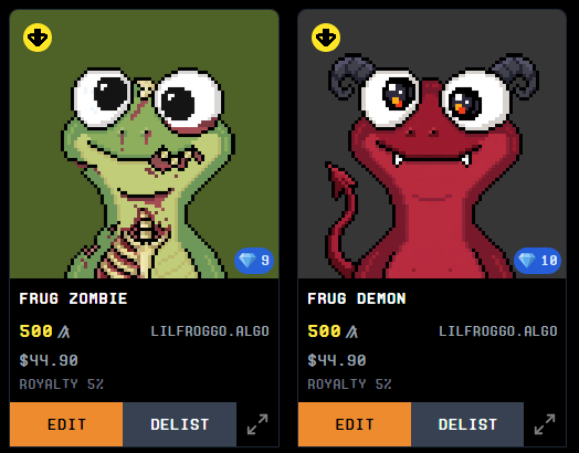 Two pixel-art NFT collectibles from downbad.farm are displayed: "FRUG ZOMBIE" (green frog-like creature, price 500, rarity 9) and "FRUG DEMON" (red horned demon, price 500, rarity 10), both priced at $44.90 from creator LILFROGGO with AL60 status and royalty SZ, illustrating the post's mention of acquiring two FRUGs that include 500 $FROGGO tokens in value.
