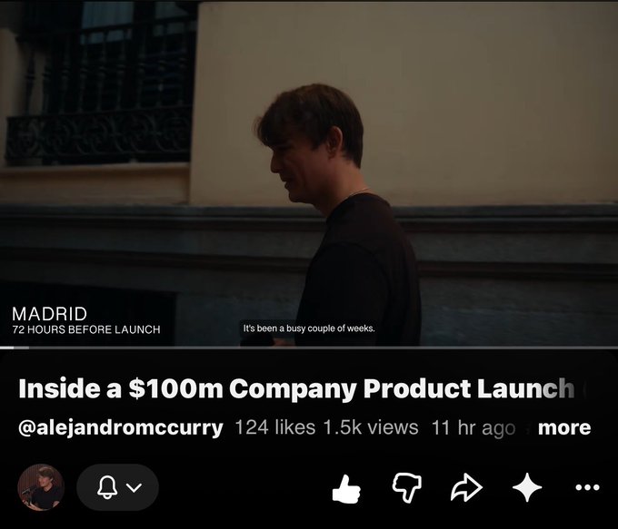 A screenshot of a YouTube video titled 'Inside a $100m Company Product Launch' by @alejandromccurry, showing 124 likes and 1.5k views, featuring footage labeled 'MADRID, 72 HOURS BEFORE LAUNCH' with the subtitle 'It's been a busy couple of weeks.'