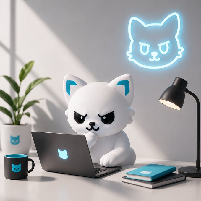 A determined cartoon cat figurine intently works on a laptop with a glowing blue cat-face neon sign on the wall, visually reinforcing "MOEW's" message of relentless building and inviting the community to suggest the next project.

Key visuals: White cat mascot, laptop with cat logo, neon cat sign, desk lamp, plant, mug, and notebooks — all branded with the recurring cat motif.