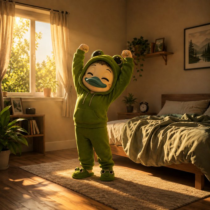 A child wearing a green frog-themed hooded onesie with slippers, stretching with arms raised in a warmly lit bedroom with wooden floors and a bed.