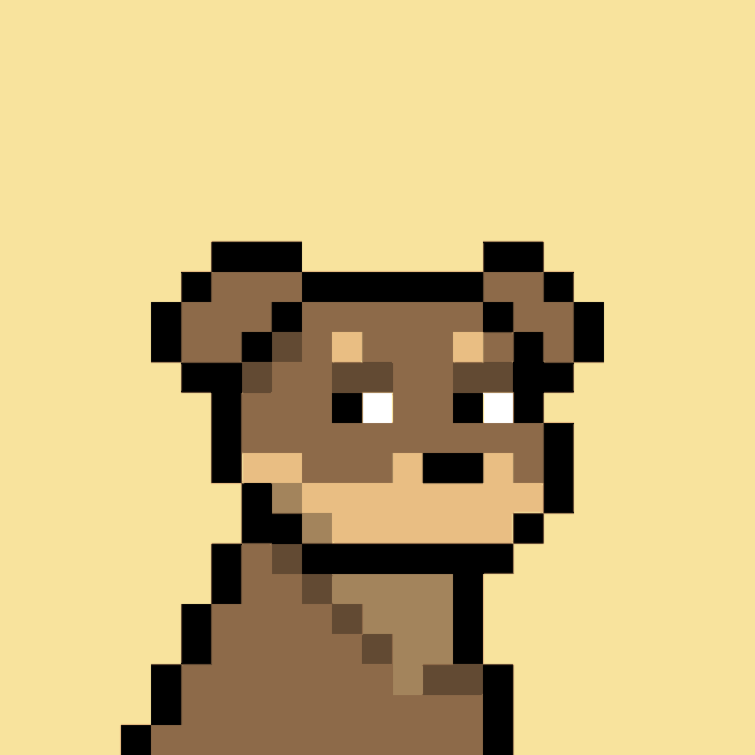 A pixel art image of a brown dog with large expressive eyes on a pale yellow background. The simple, charming pixel illustration evokes a nostalgic, lo-fi aesthetic that complements the whimsical reference to a "Doginal Dog" — a play on "ordinal dog" in the crypto/NFT space.