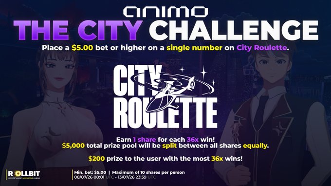 The image is a promotional graphic for "The Animo City Challenge" hosted by Animo on Rollbit, featuring City Roulette with a $5,000 prize pool, $200 top prize, and anime-styled characters on either side, matching the post's call for $5+ single-number bets on City Roulette between July 8th-13th.