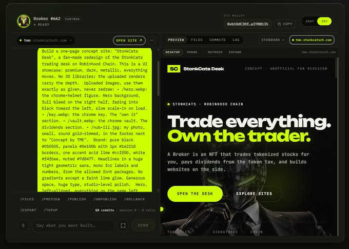 A dark-themed UI mockup for 'StonkCats Desk' displays the slogan 'Trade everything. Own the trader.' alongside a chat prompt describing a fan-made Robinhood Chain concept redesign with a UI on tme.stonkscatish.com.