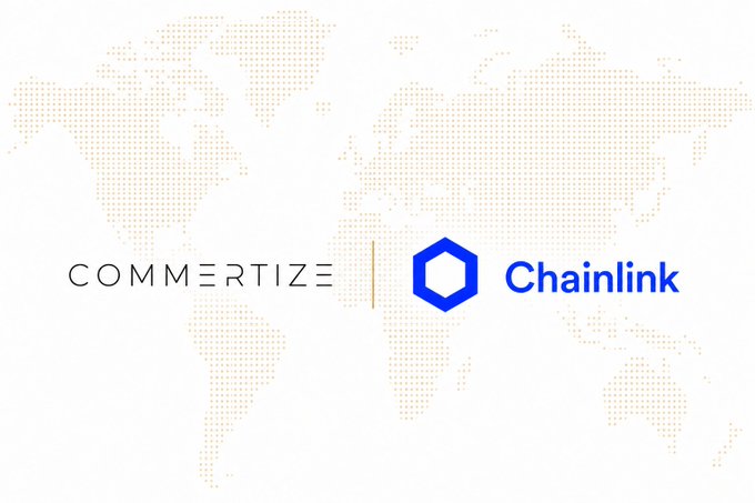 The image shows the Commertize and Chainlink logos displayed side by-side against a light world map background, visually representing their partnership as Commertize migrates from LayerZero to Chainlink's CCIP infrastructure for tokenized real-world assets.
