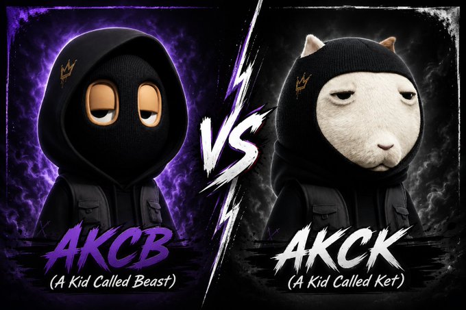 Promotional graphic for AKCB (A Kid Called Beast) versus AKCK (A Kid Called Ket), showing two hooded characters separated by a 'VS' lightning bolt.