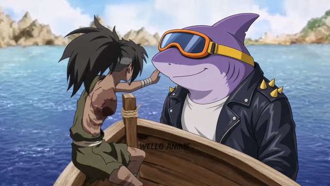 An anime-style image of a young boy with messy hair touching the face of a large anthropomorphic purple shark wearing sunglasses and a leather jacket, aboard a boat.