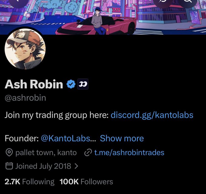 The image shows the X profile of Ash Robin (@ashrobin), Founder of @KantoLabs, based in "pallet town, kanto" with 100K followers and 2.7K following, featuring a Pokémon-themed banner and avatar. The post celebrates reaching this 100,000-follower milestone, thanking the community for their support in his trading content creation journey.
