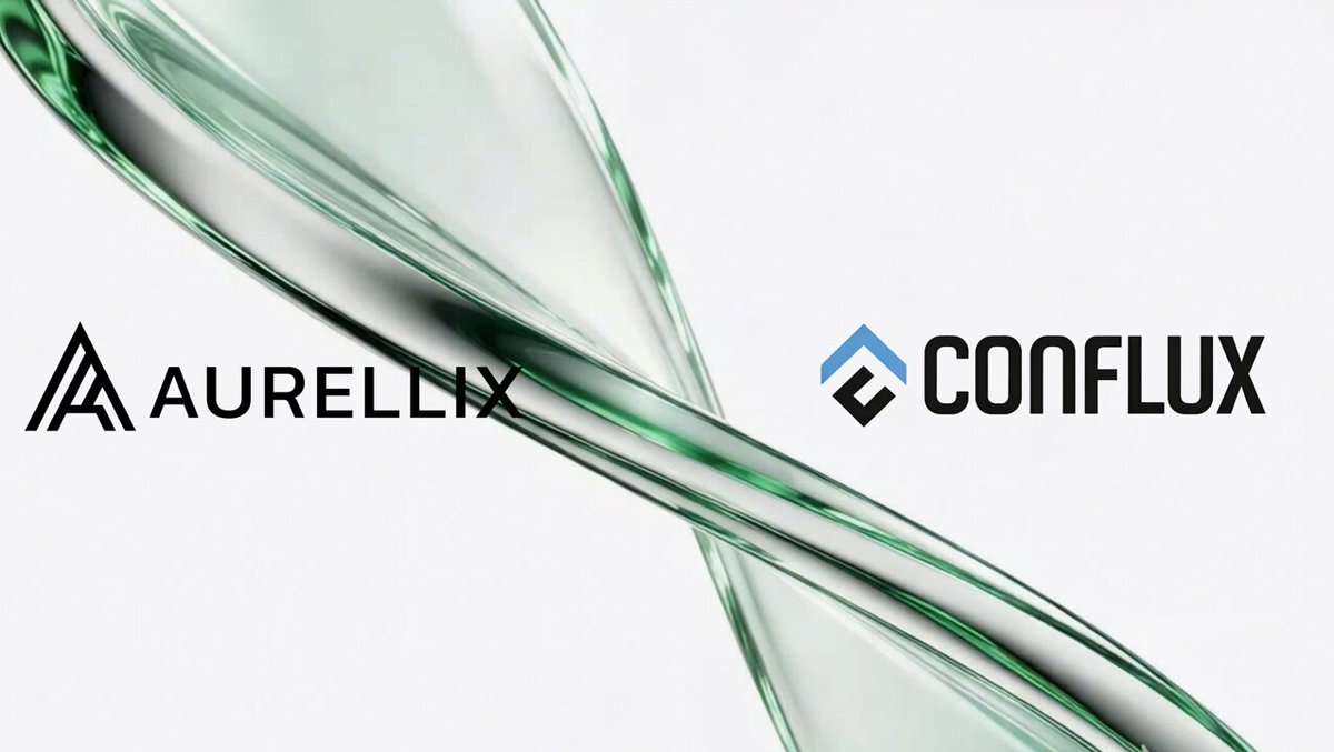 The image features a logo for a company called Aurellix, which has its name displayed in black text against a white background. The company's logo also includes the words "conflux" and "chain", indicating that they are collaborating on real-world asset liquidity. The image is accompanied by a caption stating that the future of real-world asset liquidity is being built on-chain, with Aurellix joining forces with Conflux to create this new reality.