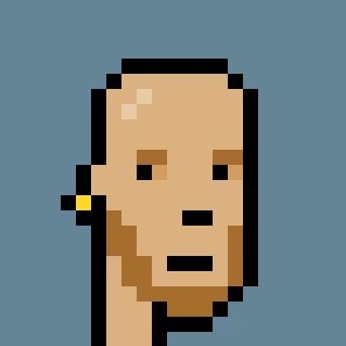 Pixel art portrait of a bald figure featuring a beard, earring, and neutral expression rendered in a retro 8-bit style against a blue background.