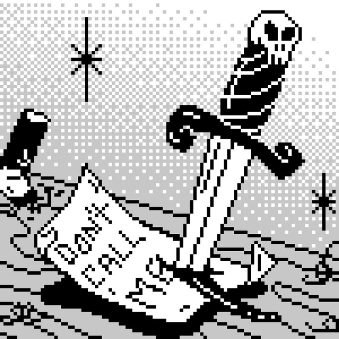 A 1-bit black and white pixel art image depicting a grim reaper holding a scythe, reading a newspaper labeled "Death News."