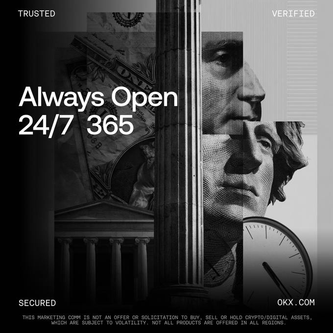 A black-and-white OKX promotional image features architectural columns and imagery of a U.S. dollar bill and George Washington, overlaid with text reading "TRUSTED," "VERIFIED," "Always Open 24/7 365," "SECURED," and "OKX.COM," visually reinforcing the message that while traditional U.S. banks close for Labor Day, OKX's crypto trading platform remains accessible around the clock.