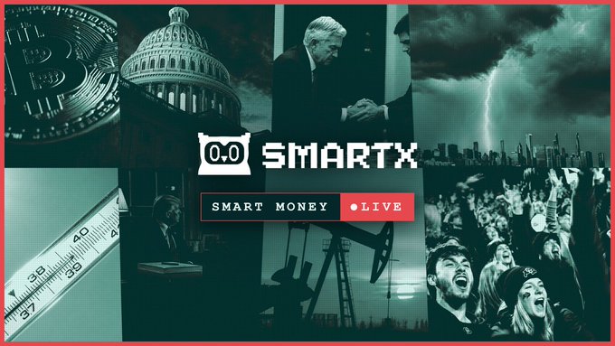 A dark green and red themed banner for "SMART MONEY ●LIVE" by 0.0 SMARTX, featuring a collage of images including a Bitcoin coin, the U.S. Capitol, Jerome Powell, oil pumps, stormy weather, and a concert crowd.