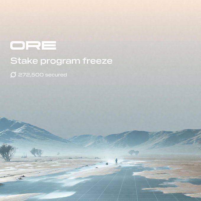 The ORE staking program has been frozen, which means that all tokens holding those tokens will remain secure and unaffected by any potential upgrades or security risks. This is a major milestone and security upgrade for token holders as they can now rest easy knowing their assets are safe from unauthorized changes. The image shows the ORE logo in white text against a light blue background with mountains visible in the distance, emphasizing the importance of this development.