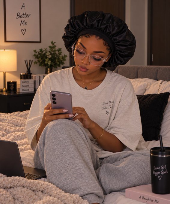 A woman wearing a black satin hair bonnet and glasses sits on a bed looking at her smartphone, with framed text 'A Better Me' and 'Good Things Take Time' visible.