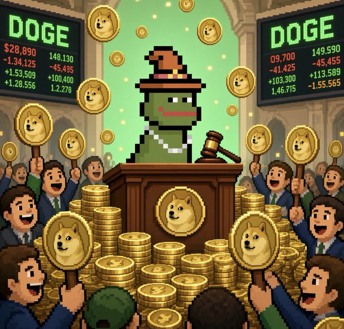 A pixel-art meme showing a green Pepe-style character dressed as a judge at a podium, surrounded by stacks of Doge coins and a cheering crowd holding Doge coin signs, with DOGE price tickers displayed in the background.