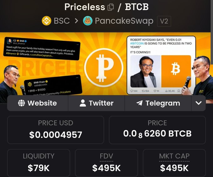 A cryptocurrency tracker page displays the token "Priceless" (P/BTCB) on BSC via PancakeSwap V2, priced at $0.0004957 with $79K liquidity and a $495K market cap, featuring a meme banner referencing CZ (Binance) and Robert Kiyosaki. The image illustrates the newly launched BSC meme token narrative highlighted in the post, showing its pairing with BTCB and emerging market metrics.