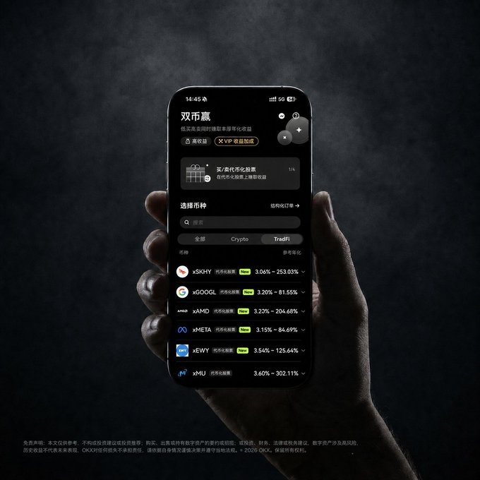 A hand holding a smartphone showing a Chinese-language crypto trading app (双币赢) listing leveraged tokens including xSKHY, xGOOGL, xAMD, xMETA, xEAYY, and xMU with their respective APRs.