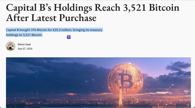 News article titled 'Capital B's Holdings Reach 3,521 Bitcoin After Latest Purchase' by Deniz Saat dated Sep 07, 2026, reporting that Capital B bought 376 Bitcoin for €25.3 million, illustrated with a glowing Bitcoin logo over a cityscape.