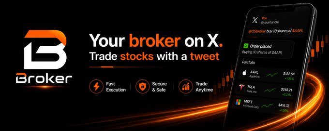 A promotional banner for Broker advertises stock trading directly on X (formerly Twitter), featuring the text "Your broker on X. Trade stocks with a tweet" alongside a mockup of a smartphone showing a tweet from @OSbroker about buying 10 shares of $AAPL, with a portfolio displaying Apple Inc. ($182.64), Tesla ($248.21), and Microsoft ($416.78). The banner highlights features like "Fast Execution," "Secure & Safe," and "Trade Anytime," aligning with the post's announcement of bringing Wall Street trading to X's 600M+ users via Solana.