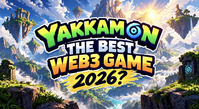 A vibrant promotional banner for Yakkamon featuring the text "YAKKAMON THE BEST WEB3 GAME 2026?" set against a fantastical landscape of floating islands, ancient ruins, and lush mountains bathed in golden sunlight, visually echoing the post's hype about the Web3 idle-farming monster collector's potential to become a dominant game on Ronin.