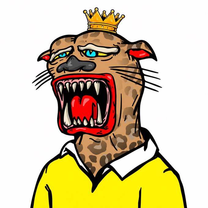 A cartoon illustration depicts a fierce-looking leopard or cheetah with an open, roaring mouth, wearing a gold crown and a yellow collared shirt.