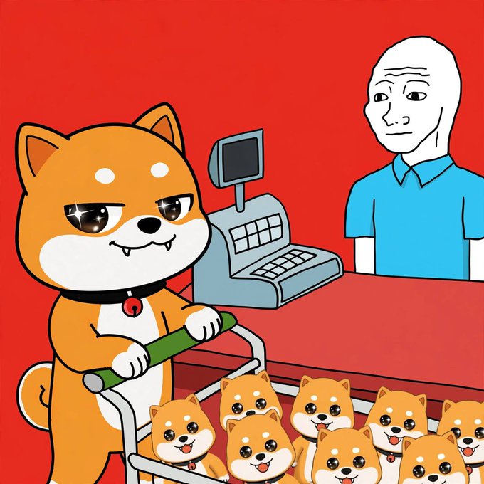 The illustration shows a determined-looking Shiba Inu (Dogecoin-style mascot) pushing a shopping cart filled with smaller, smiling Shiba puppies past a bemused cashier at a checkout register, capturing the playful "picking up the squad" energy of stacking up the doge crew.