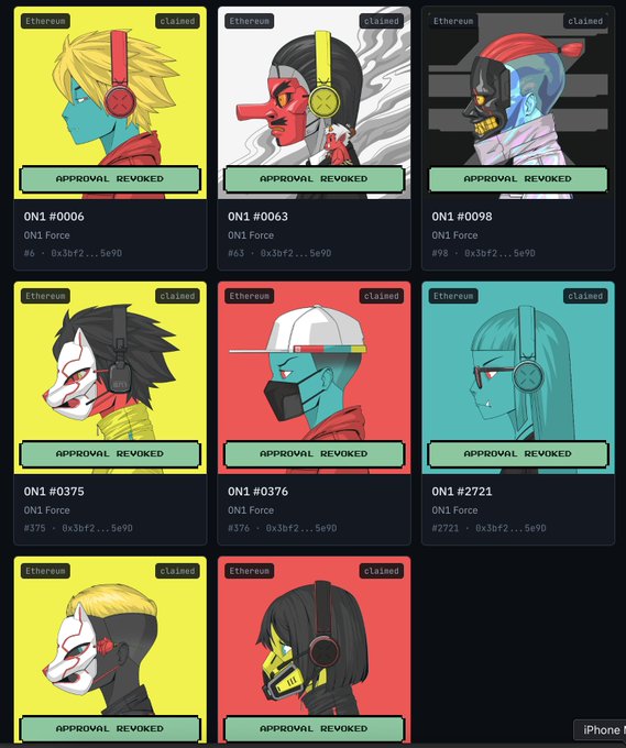 A grid displays eight cartoon-style character portraits labeled 'ON1 Force' with Ethereum tags, all marked 'claimed' and 'APPROVAL REVOKED'.