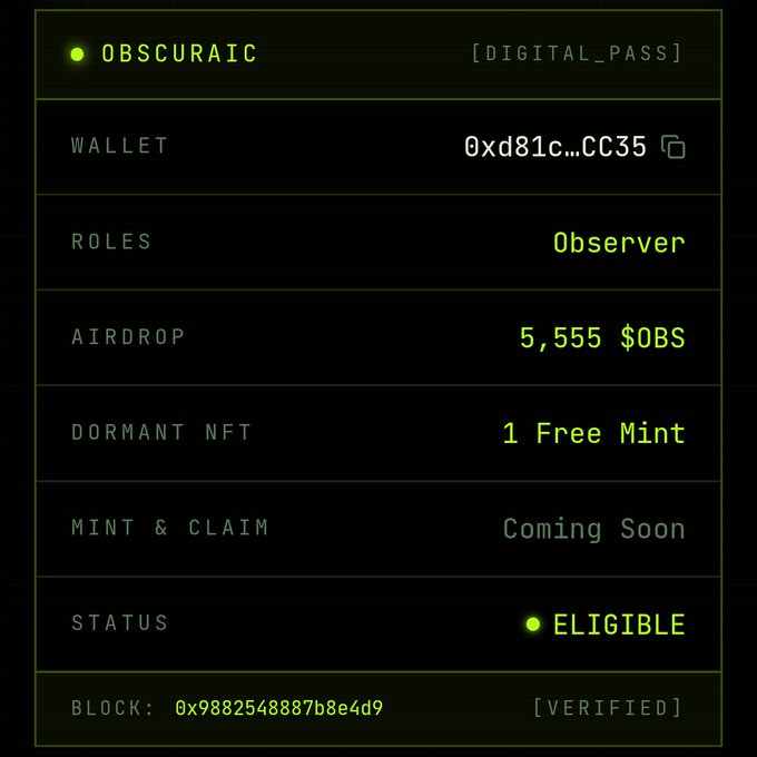 A digital pass display showing 'OBSCURAIC' with wallet details, an airdrop of 5,555 $OBS, 1 Free Mint, and a status marked 'ELIGIBLE'.