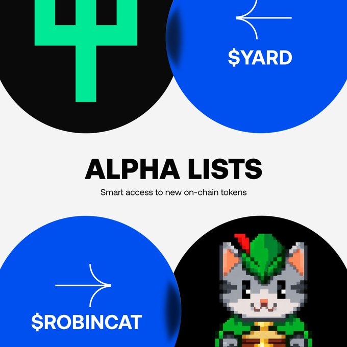 A promotional graphic titled 'ALPHA LISTS - Smart access to new on-chain tokens' featuring four circular icons including Tether (USDT), $YARD, $ROBINCAT, and a pixel-art raccoon character.