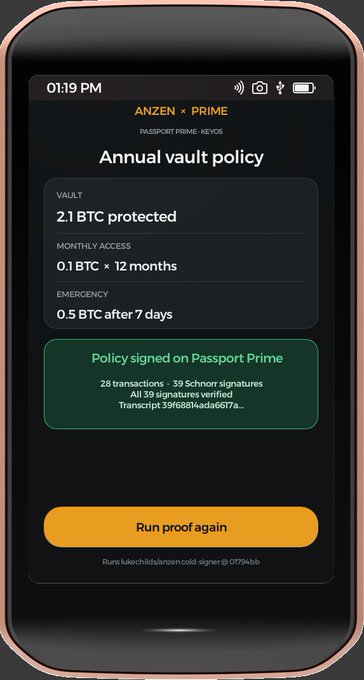 A smartphone screen displays 'ANZEN x PRIME' showing 'Annual vault policy' with 2.1 BTC protected, monthly access details, and a 'Run proof again' button.