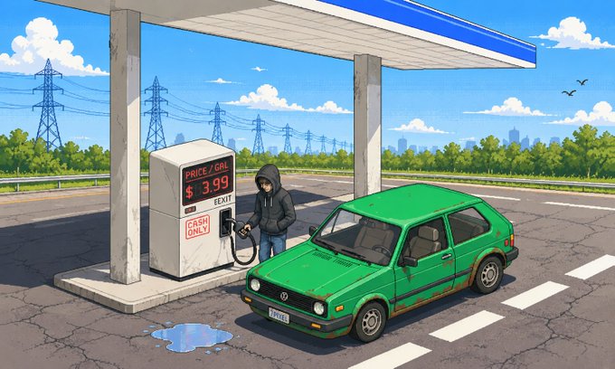 A pixel-art style illustration of a person in a black hoodie pumping gas at a station labeled '$ 3.99' into a green hatchback car, with power lines and a distant city skyline in the background.