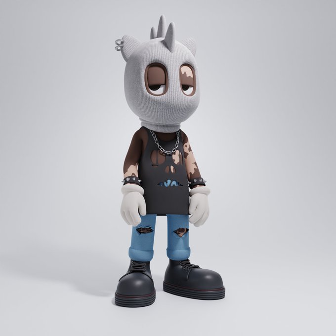 A 3D rendered designer toy figure of a stylized character wearing a knit beanie, chain necklace, and streetwear outfit with torn jeans and boots.