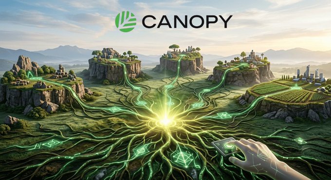 Promotional graphic for CANOPY featuring a digital artwork of a landscape with glowing green energy streams connecting floating islands, with a hand holding a smartphone.