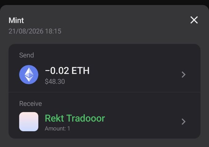 A crypto wallet transaction screen labeled 'Mint' dated 21/08/2026, showing a send of -0.02 ETH ($48.30) and a receive of an NFT named 'Rekt Tradooor' (Amount: 1).
