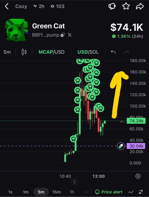 A cryptocurrency trading chart showing 'Green Cat' token (BBFF...pump) at $74.1K with 1.3% gain over 24h, displaying MCAP/USD and USD/SOL charts with green cat icons marking various points.
