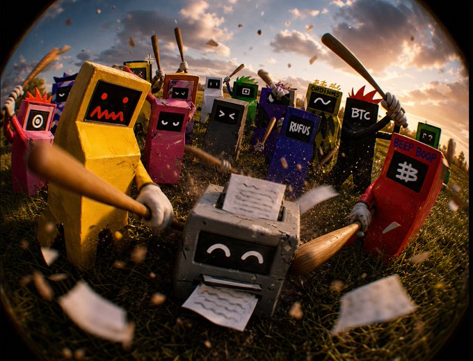 An army of colorful anthropomorphic printers with menacing expressions swing baseball bats around a distressed white printer emitting endless pages, with labels like "BTC," "RUFUS," "DEEP DOOP," and "ORDINAL" visible on their chests, vividly illustrating the unstoppable "printer.fun" token minting frenzy.