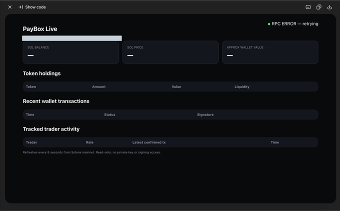 A dark-themed web interface for 'PayBox Live' showing an RPC error, with empty sections for SOL balance, token holdings, wallet transactions, and tracked trader activity.