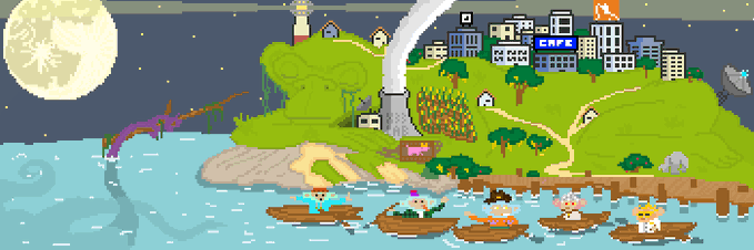 This whimsical pixel-art scene depicts a coastal town on a green island under a starry night with a large moon, featuring a smoking smokestack, a "CRYPTO" building, and several characters rowing small boats toward a dock near a chest. The cartoonish, meme-style artwork with its quirky characters and crypto-themed signage complements the post's lighthearted tone about OAR becoming a top meme token on the XRP Ledger ("XRPL").