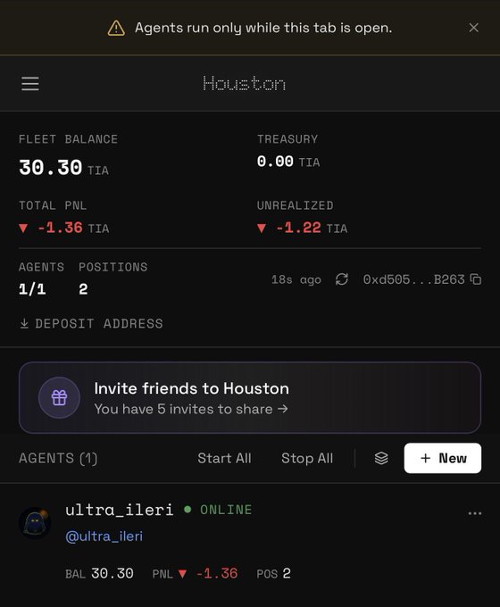 A Houston trading platform dashboard shows a Fleet Balance of 30.30 TIA with a Total PNL down 1.36 TIA and an active agent "ultra_ileri" (@ultra_ileri) showing 2 positions, tying into the post about being able to withdraw funds and commenting on the agent's poor performance.