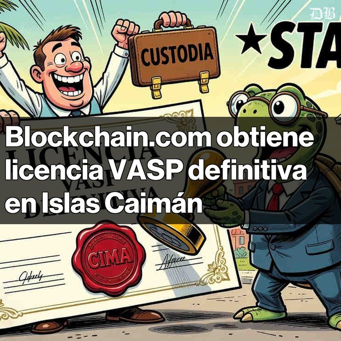 A cartoon illustration showing a man holding a briefcase labeled "CUSTODIA" next to a turtle in a suit ringing a bell, with a "LICENCIA VASP DEFINITIVA CIMA" certificate, overlaid with Spanish text reading "Blockchain.com obtiene licencia VASP definitiva en Islas Caimán."