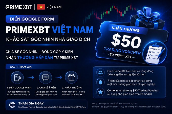 The image displays an advertisement for a trading bonus, specifically for PrimeXBT users from Vietnam who are interested in the service. The advertisement invites them to participate in a survey about their trading experiences or insights on primexbtvn, and they will receive a $50 bonus if they complete the survey successfully.