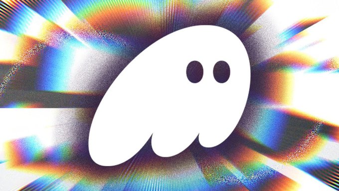 The image shows a white ghost emoji set against a vibrant, glitchy rainbow burst background. It visually amplifies the post's hype about trending airdrops and the call to action asking users to "drop" their Solana addresses.