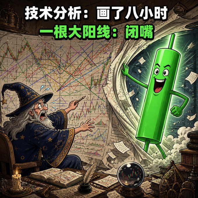 A cartoon illustration of a frustrated wizard yelling at a cheerful, animated green candlestick character, with Chinese text reading 'Technical analysis: drew for eight hours, a big bullish candle: shut up'.