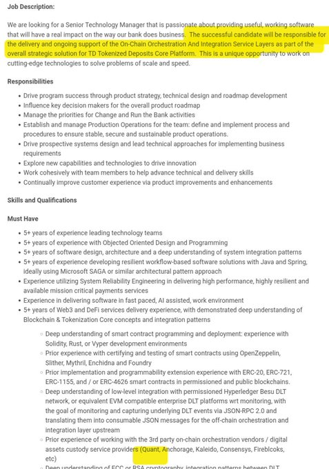 A job description for a Senior Technology Manager position focused on TD Tokenized Deposits Core Platform, requiring expertise in DeFi, smart contracts, and orchestration technologies like Quant, Anchorage, and Kaleido.