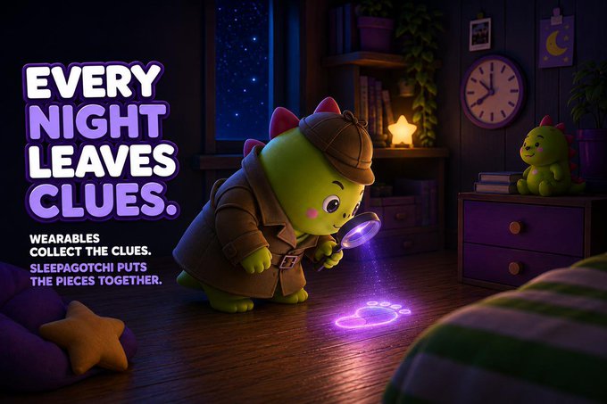 A promotional graphic with text 'EVERY NIGHT LEAVES CLUES. WEARABLES COLLECT THE CLUES. SLEEPAGOTCHI PUTS THE PIECES TOGETHER.' featuring an animated detective dinosaur character examining a glowing purple paw print with a magnifying glass in a nighttime room scene.